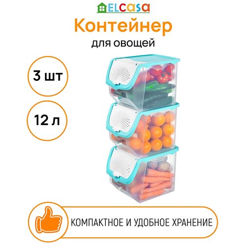 Контейнер для хранения овощей 12 л 33х23х23,5 см EL Casa Прозрачно-бирюзовый, 3 штуки фото