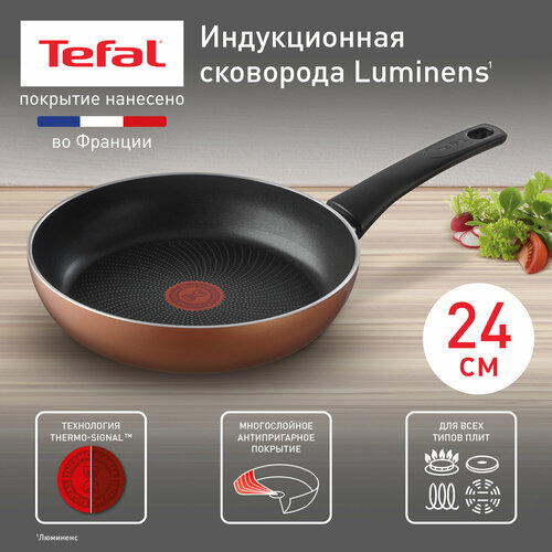 Сковорода Tefal Luminens 04229124, диаметр 24 см, с индикатором температуры, глубокая, с антипригарным покрытием, для газовых, электрических и индукционных плит фото