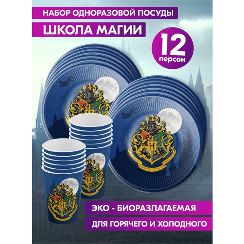 Одноразовая посуда для праздника на день рождения, детская, бумажная Гарри Поттер Harry Potter. Одноразовые тарелки и стаканы на 12 персон фото