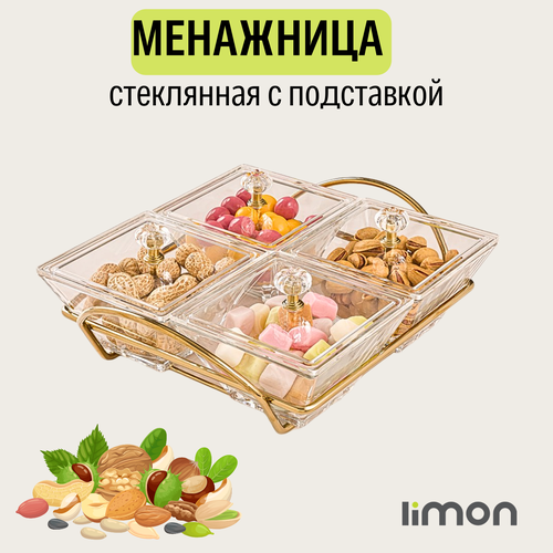 Менажница стеклянная LiMon, с крышками из акрила, на подставке (золотистый) фото