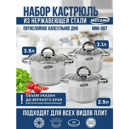 Набор кастрюль из нержавеющей стали 2,1, 2,9, 3,9 литра 