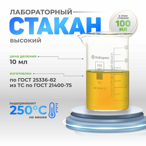 Стакан 100 мл высокий (тип В, лабораторный, термостойкий, стеклянный) В-1-100 фото