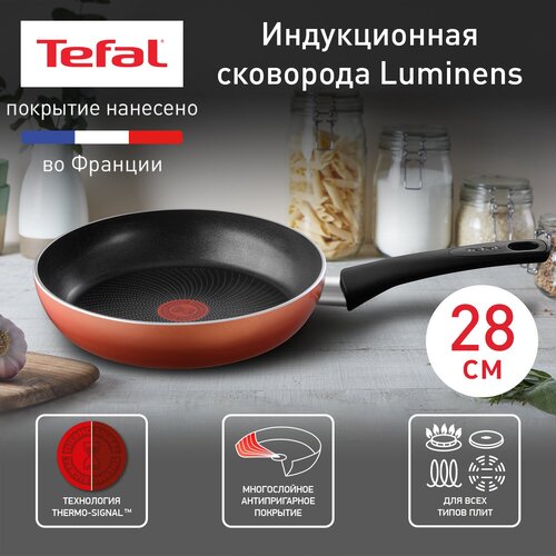 Сковорода Tefal Luminens 04224128, диаметр 28 см, с индикатором температуры, глубокая, с антипригарным покрытием, для газовых, электрических и индукционных плит фото