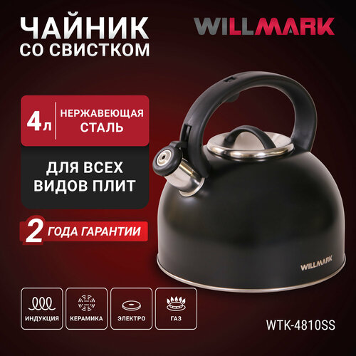 Чайник WILLMARK WTK-4810SS (4л, со свистком, с крышкой, нейлоновая ручка, техн. Easy spout open), Черный фото