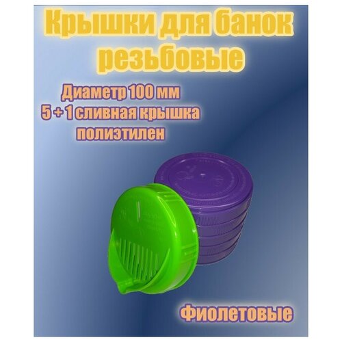 Крышки для банки винтовые диаметр 100 мм фиолетового цвета 5шт + сливная крышка винтовая 100 мм зеленого цвета 1 шт фото